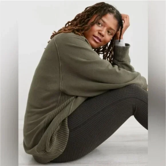 Aerie Down To Earth Crew Sweatshirt Olive Green Oversized Ribbed Small Medium L - Picture 2 of 14